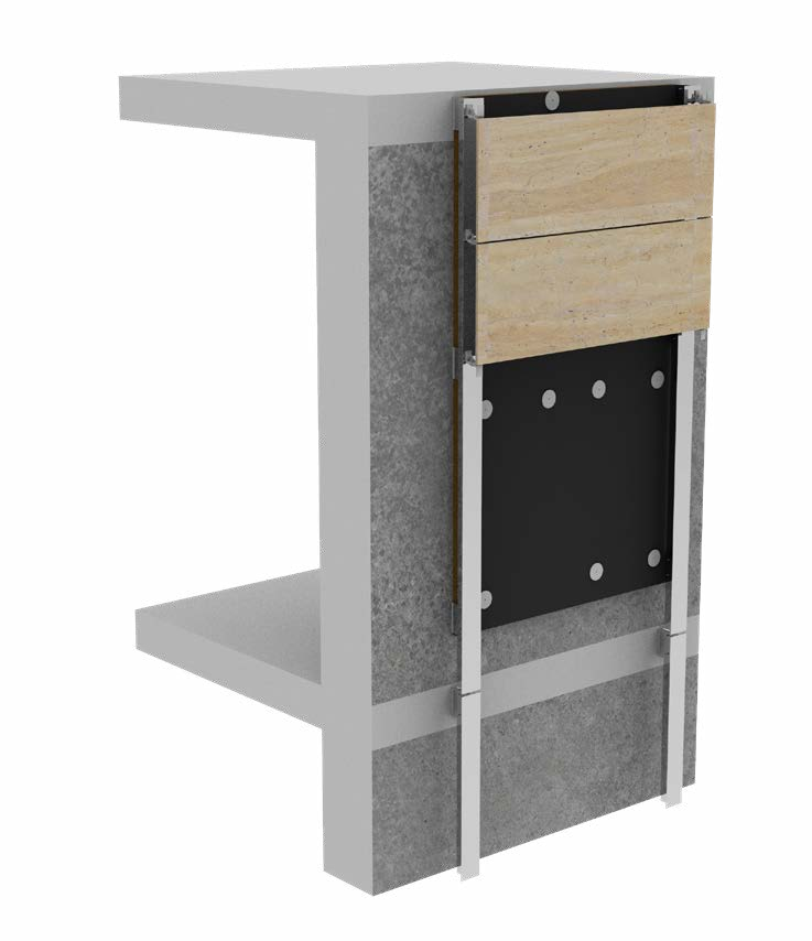 CLADLITE™ installation assembly — section showing panel, L-angle connectors, sub-framing, insulation, and concrete substrate