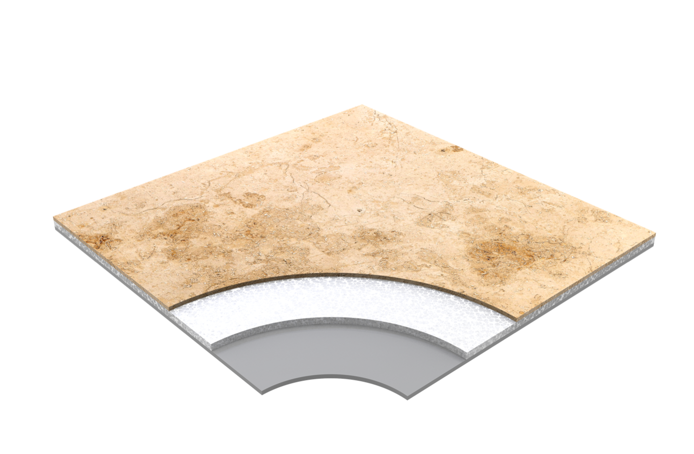 CLADLITE™ panel cross-section — natural-stone facing layer over an inert non-combustible core, sandwiched between two FRP skins